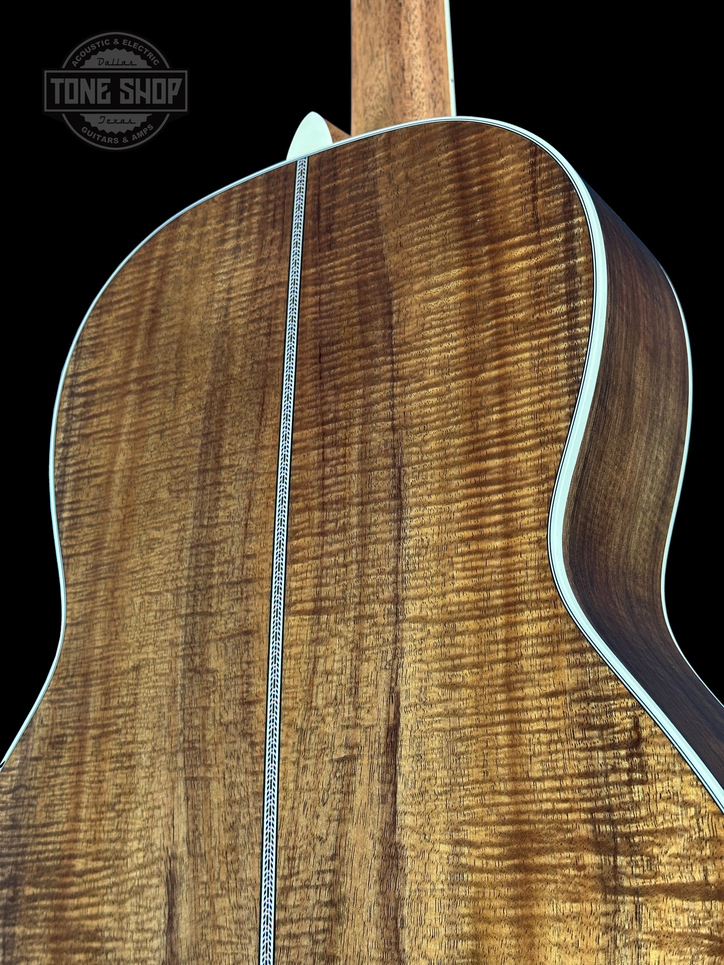 Back angle of Martin Custom Shop 00-12F 41 Style Adirondack/Exceptional Broad Figure Koa.