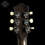 Back of headstock of Collings CL City Limits DLX Quilt Top Acid Wash Charcoal Burst.