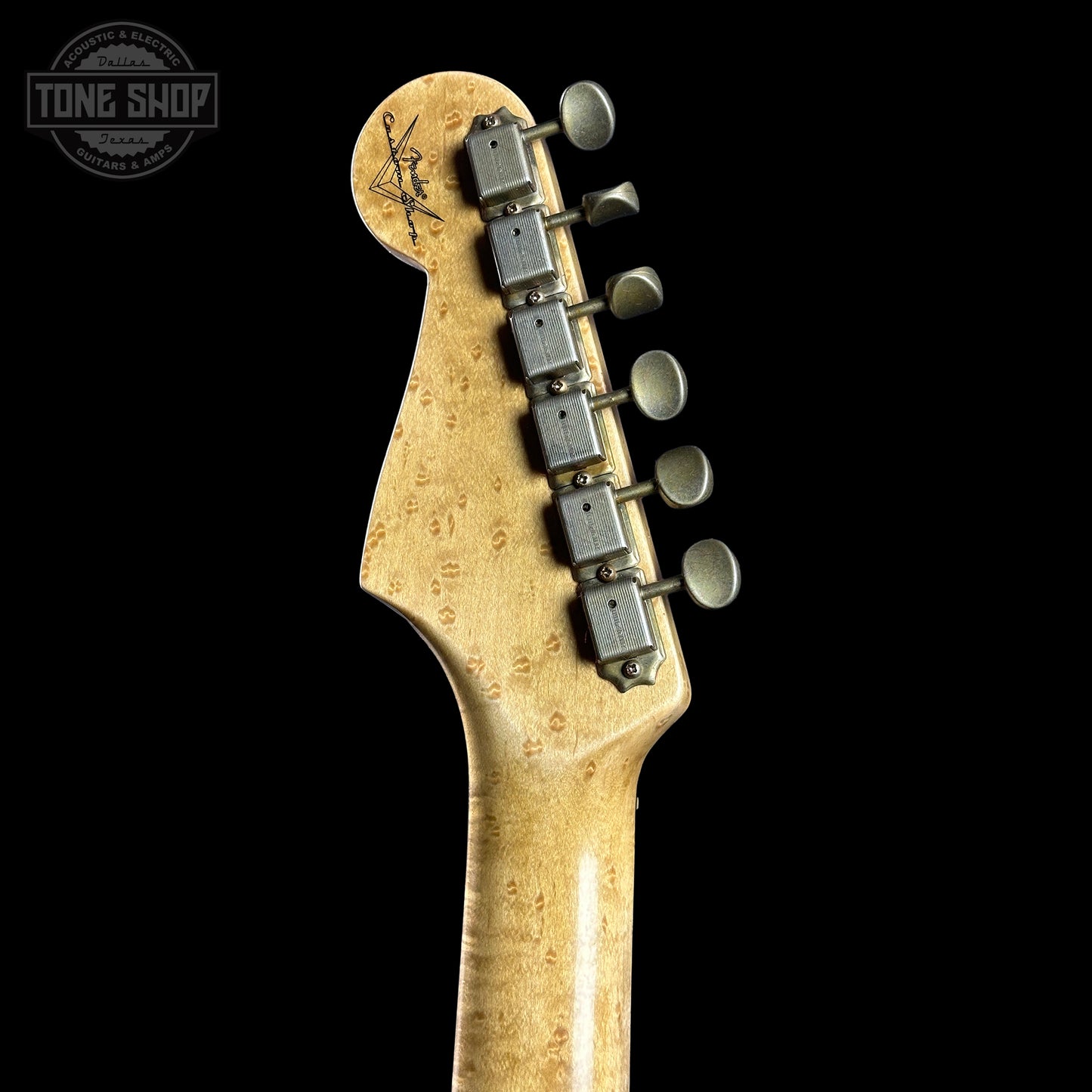 Back of headstock of Fender Custom Shop 1963 Stratocaster Journeyman Relic AAA Maple Neck Melon Candy.