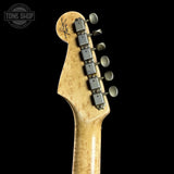 Back of headstock of Fender Custom Shop 1963 Stratocaster Journeyman Relic AAA Maple Neck Melon Candy.