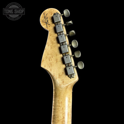 Back of headstock of Fender Custom Shop 1963 Stratocaster Journeyman Relic AAA Maple Neck Melon Candy.