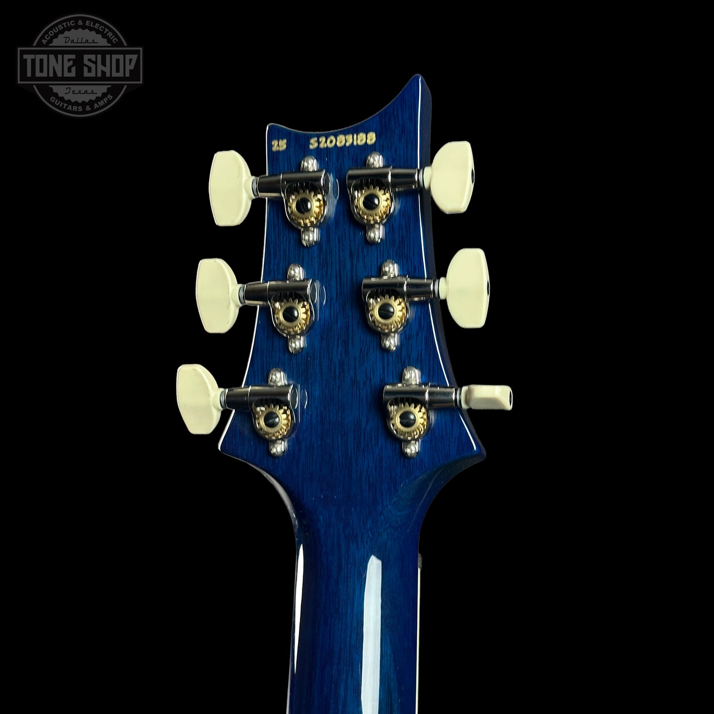 Back of headstock of PRS S2 Wood Library McCarty 594 Singlecut Quilt Makena Blue.