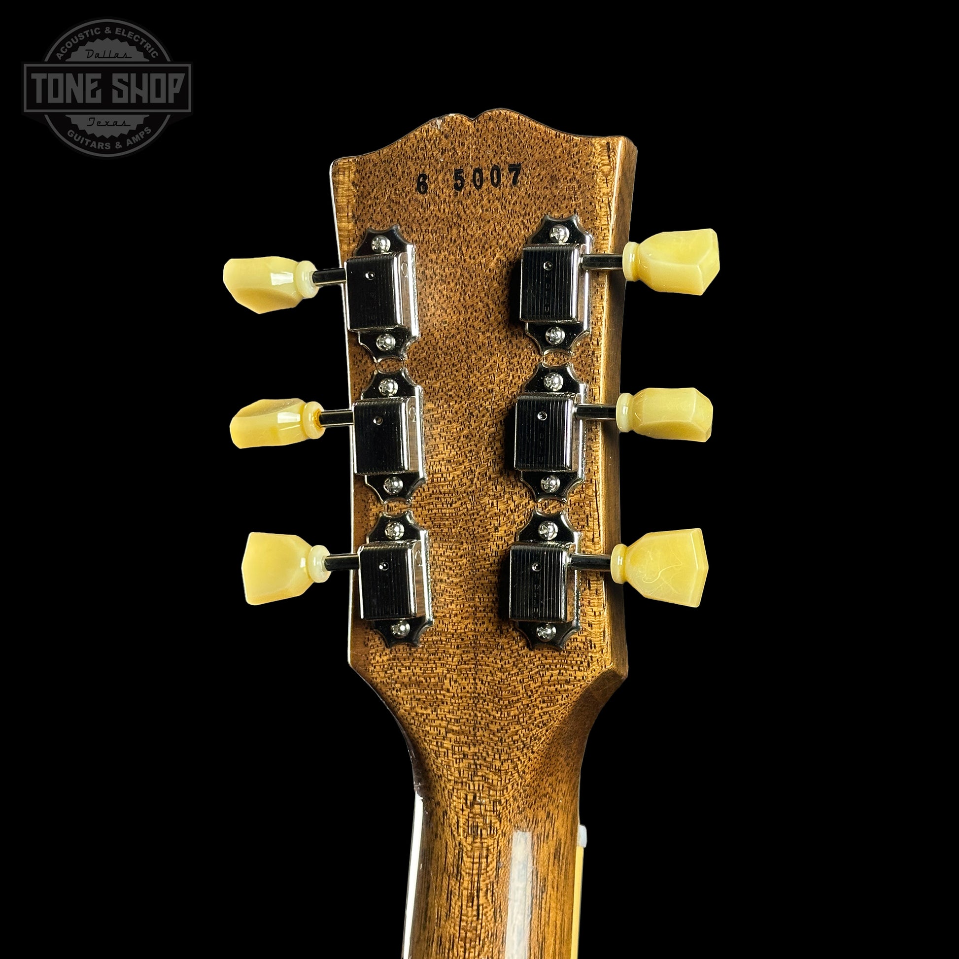 Back of headstock of Custom Shop Dealer Select 1956 Les Paul Standard Bigsby Ebony Top Light Aged NH.
