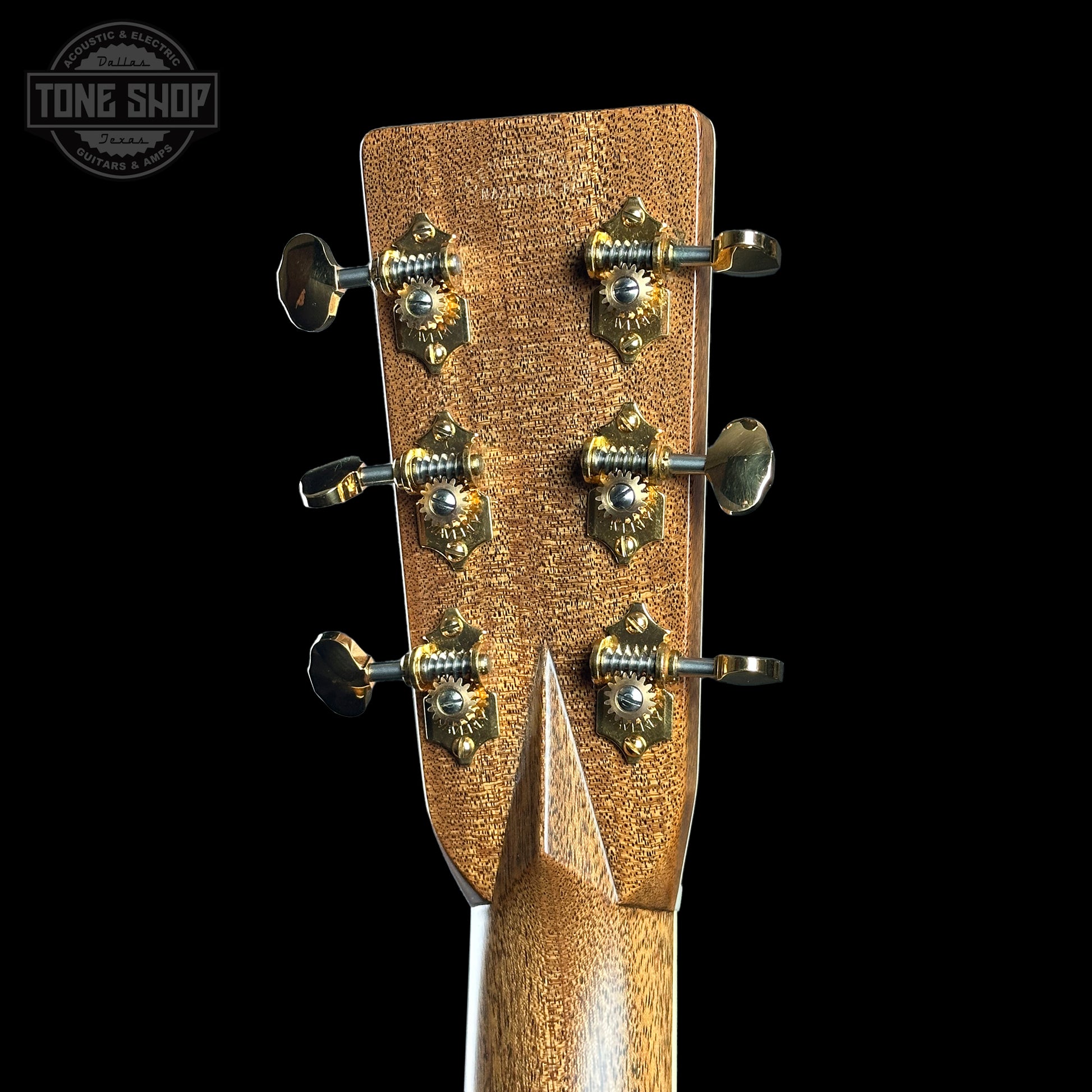 Back o fheadstock of Martin Custom Shop OM 41 Style Adirondack / Exceptional Broad Figure Koa.
