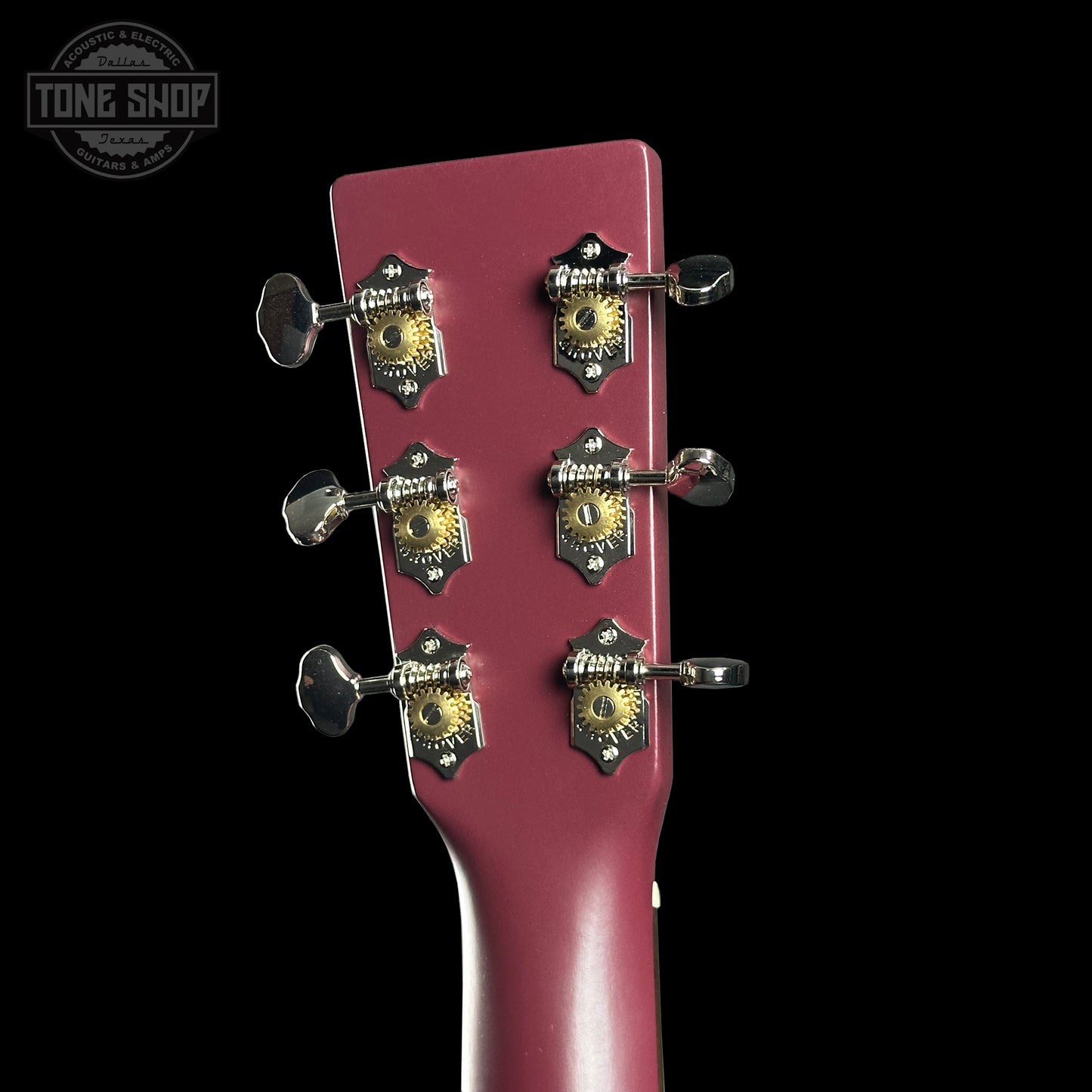 Back of headstock of Martin Custom Shop Slope Shoulder Dread Spruce/Mahogany Burgundy.