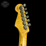 Back of headstock of Fender Custom Shop 1957 Stratocaster Relic Black AAA Maple Neck.