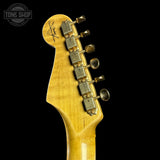 Back of headstock of Fender Custom Shop 1957 Stratocaster Relic White Blonde AAA Maple Neck.