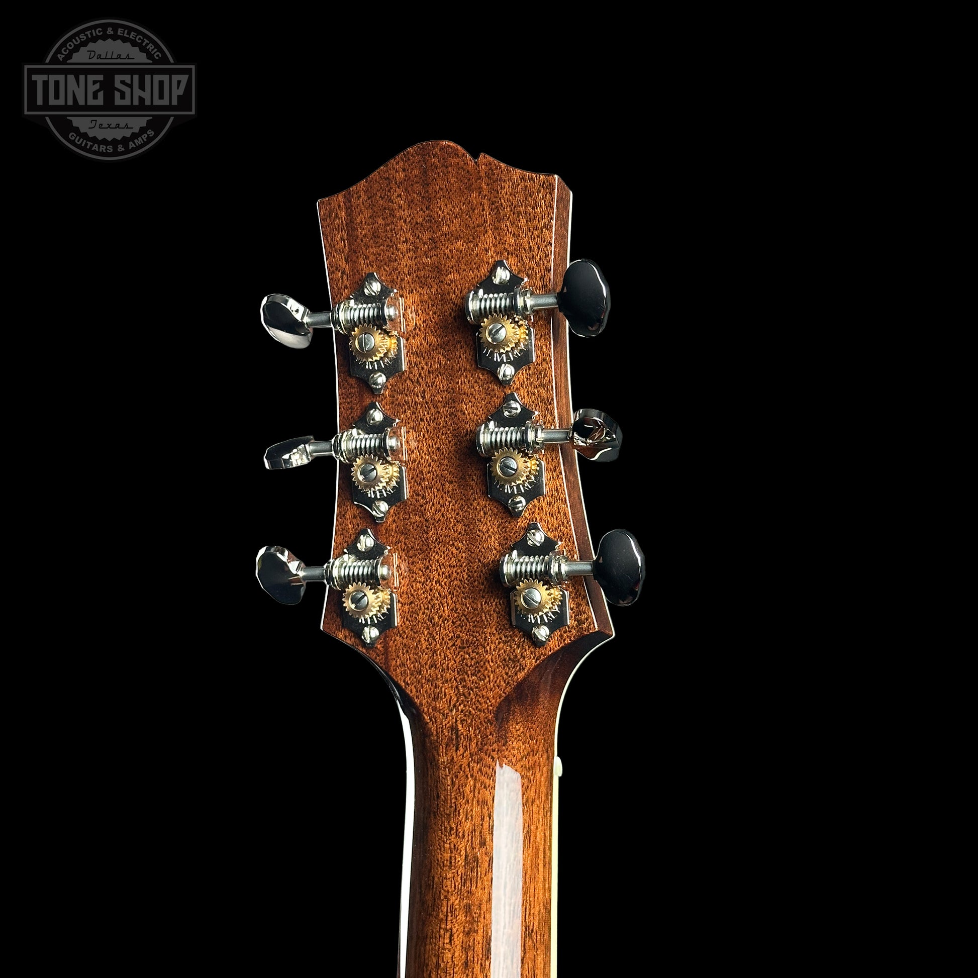 Back of headstock of Collings CJ Adirondack Sunburst Tigerstripe Pickguard.