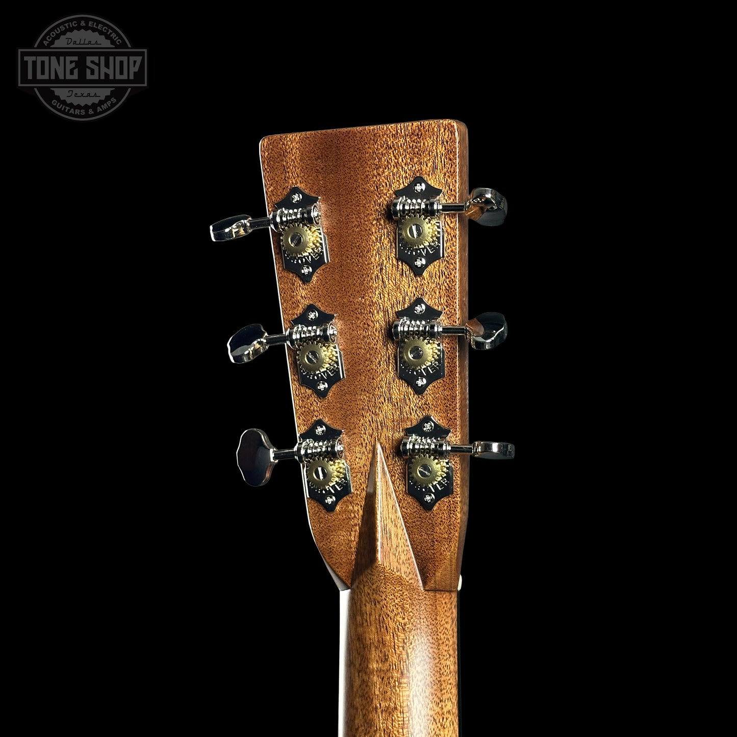 Back of headstock of Martin Custom Shop Dread 14-Fret Wild Grain East Indian Rosewood.