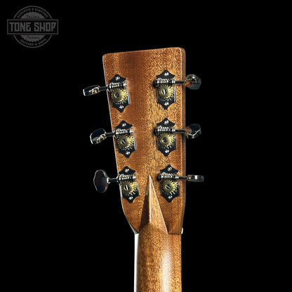 Back of headstock of Martin Custom Shop Dread 14-Fret Wild Grain East Indian Rosewood.
