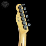 Back of headstock of Fender Custom Shop Postmodern Tele MN Journeyman Relic Aged Butterscotch Blonde.