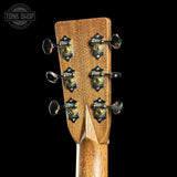 Back of headstock of Martin Custom Shop Dread 28 Style 1933 Ambertone Adirondack / Guatemalan Rosewood.