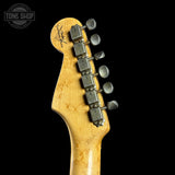 Back of headstock of Fender Custom Shop 70th Anniversary 1954 Stratocaster Journeyman Relic Seafoam Green.