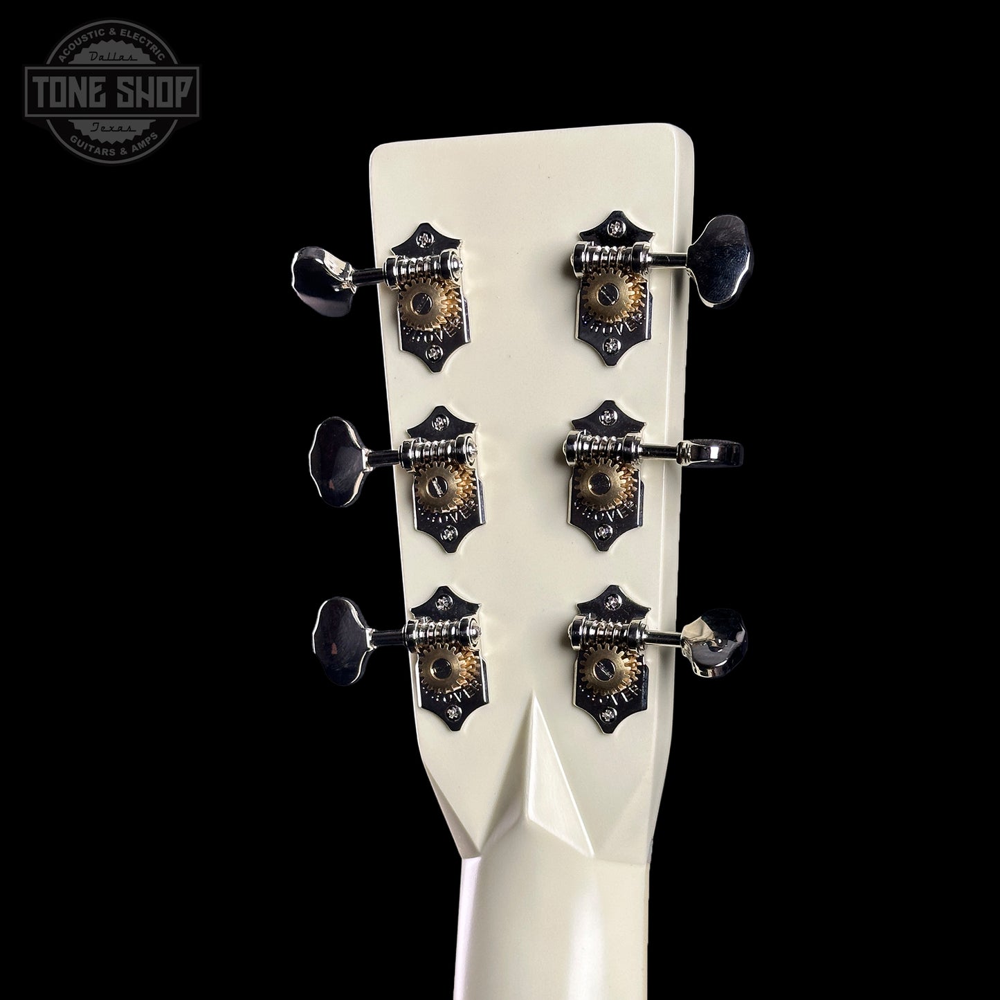 Back of headstock of Martin Custom Shop OM Red/White/Blue Sitka/EIR.