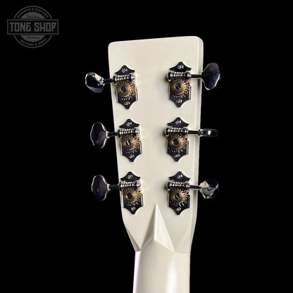 Back of headstock of Martin Custom Shop OM Red/White/Blue Sitka/EIR.