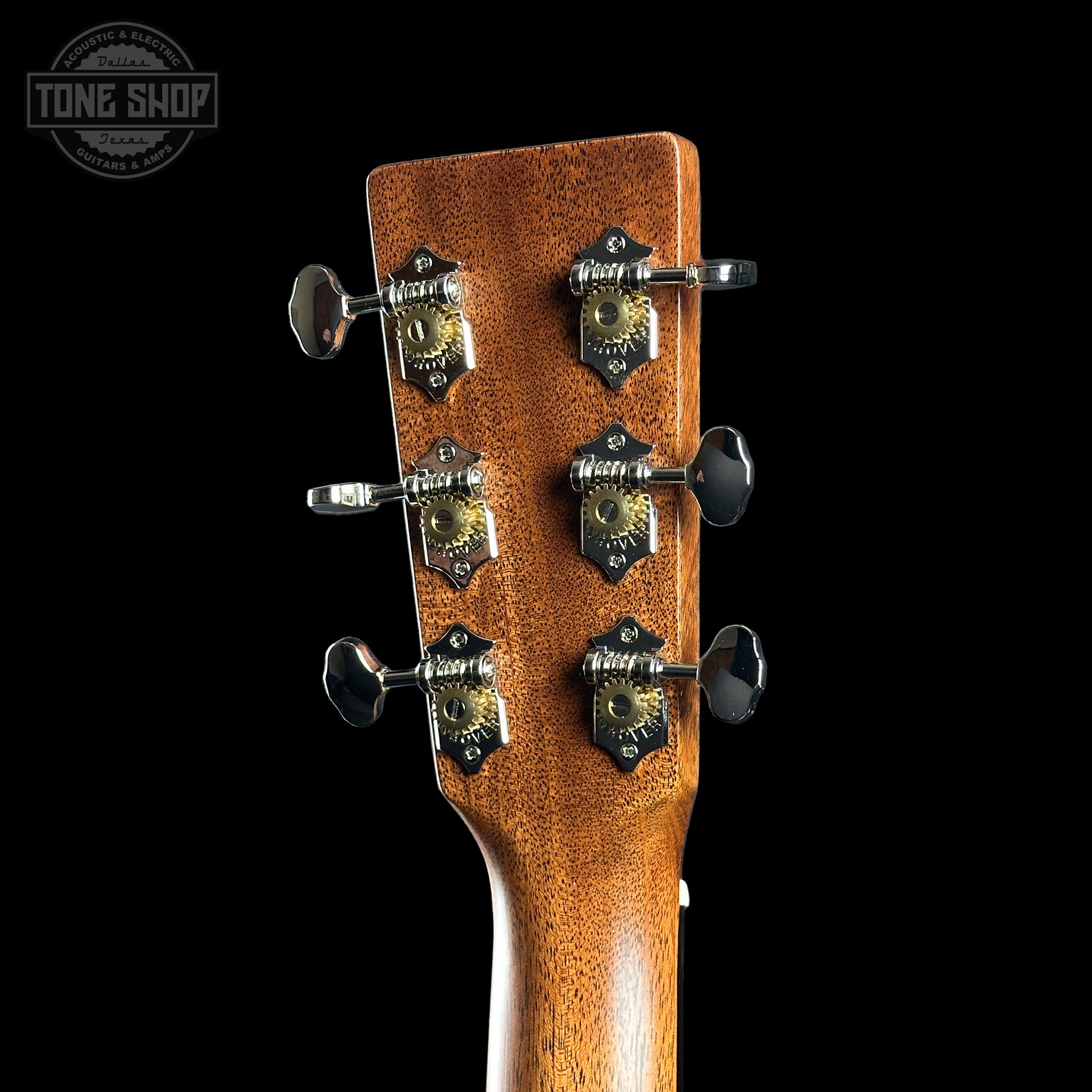 Back of headstock of Martin Custom Shop 000 14-Fret Jaguar Claw Mahogany.