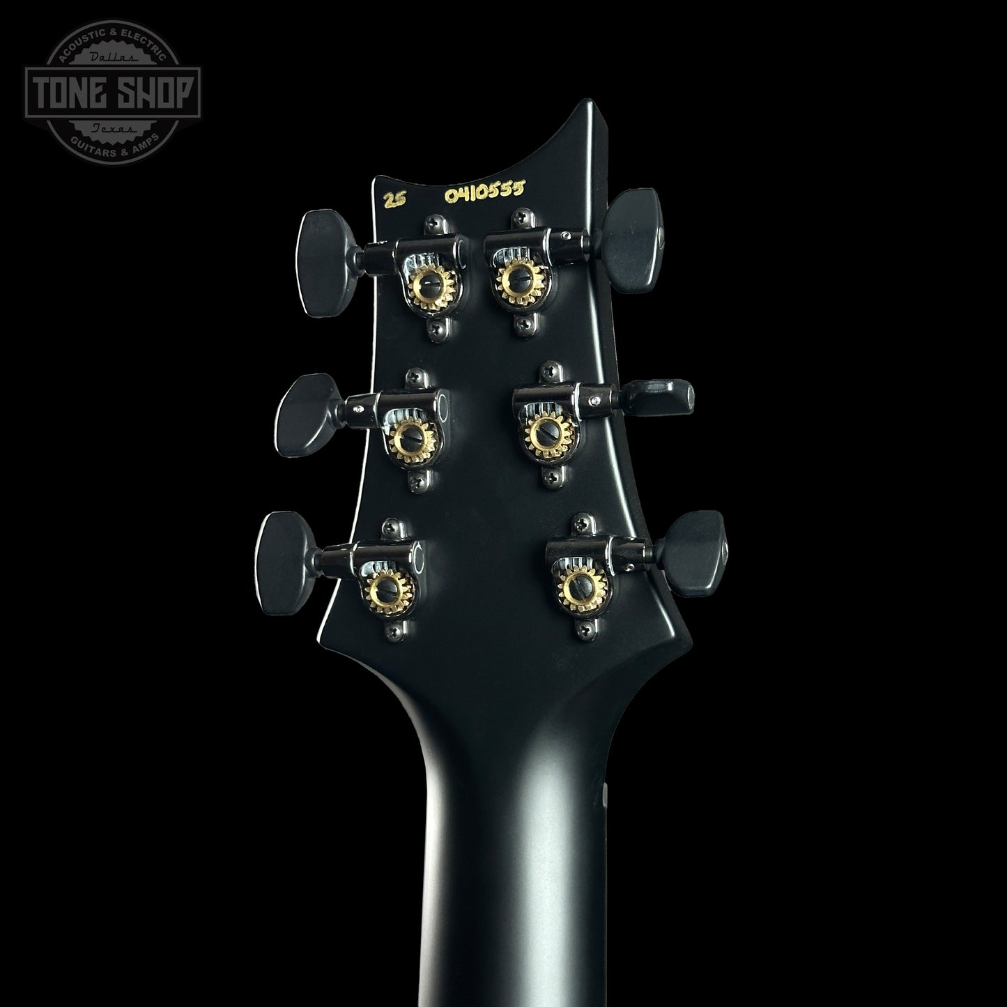 Back of headstock of PRS 40th Anniversary Custom 24 Satin Limited Charcoal Tri-Burst.