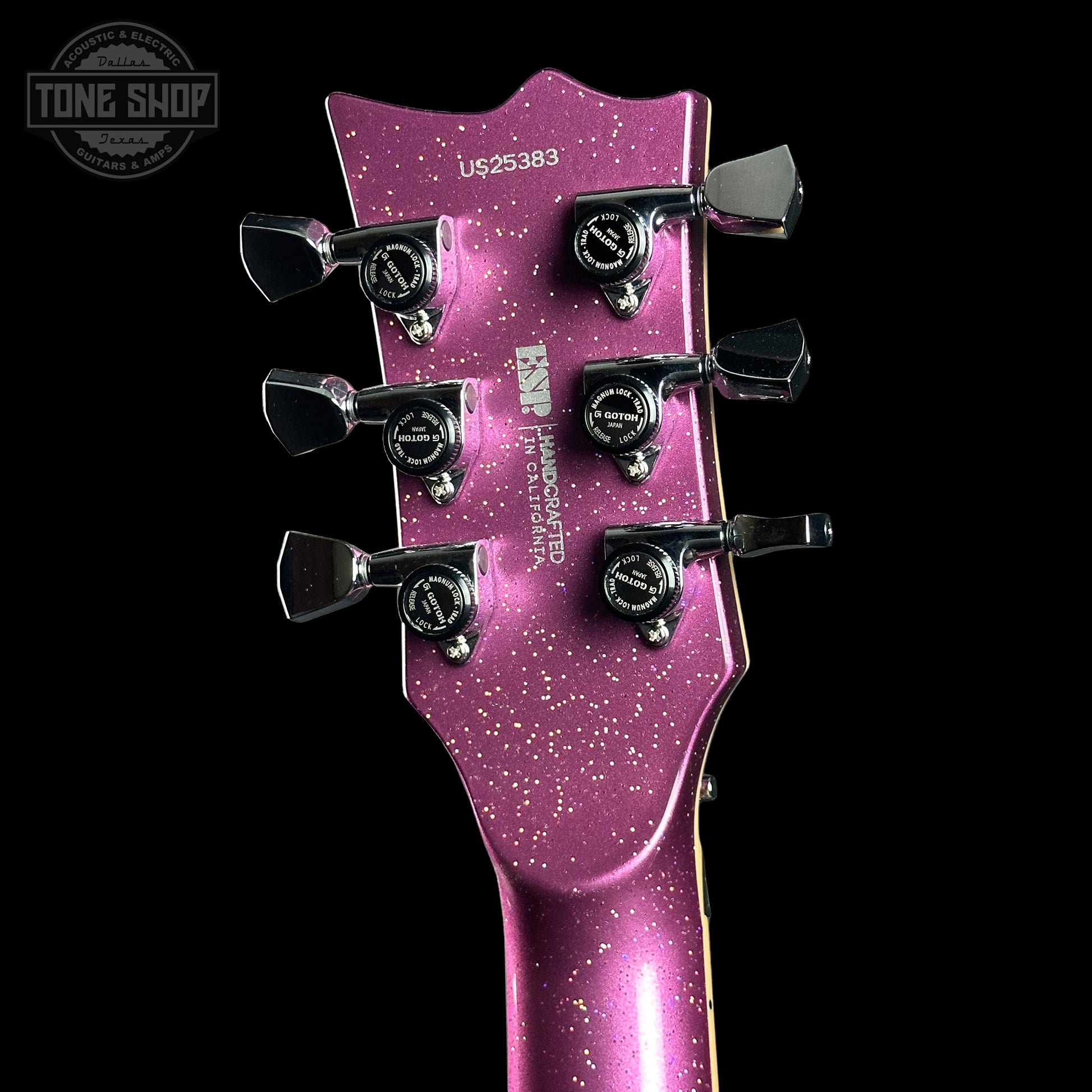 Back of headstock of ESP USA Eclipse Disco Pink Sparkle.
