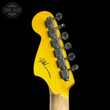 Back of headstock of Nash JG-63 Red Sparkle Light Aging.