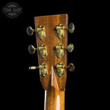 Back of headstock of Martin Custom Shop OM 42 Style Adirondack/Wild Grain East Indian Rosewood.