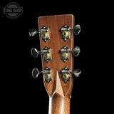 Back of headstock of Martin Custom Shop Dread 28 Style Adirondack / Wild Grain East Indian Rosewood.