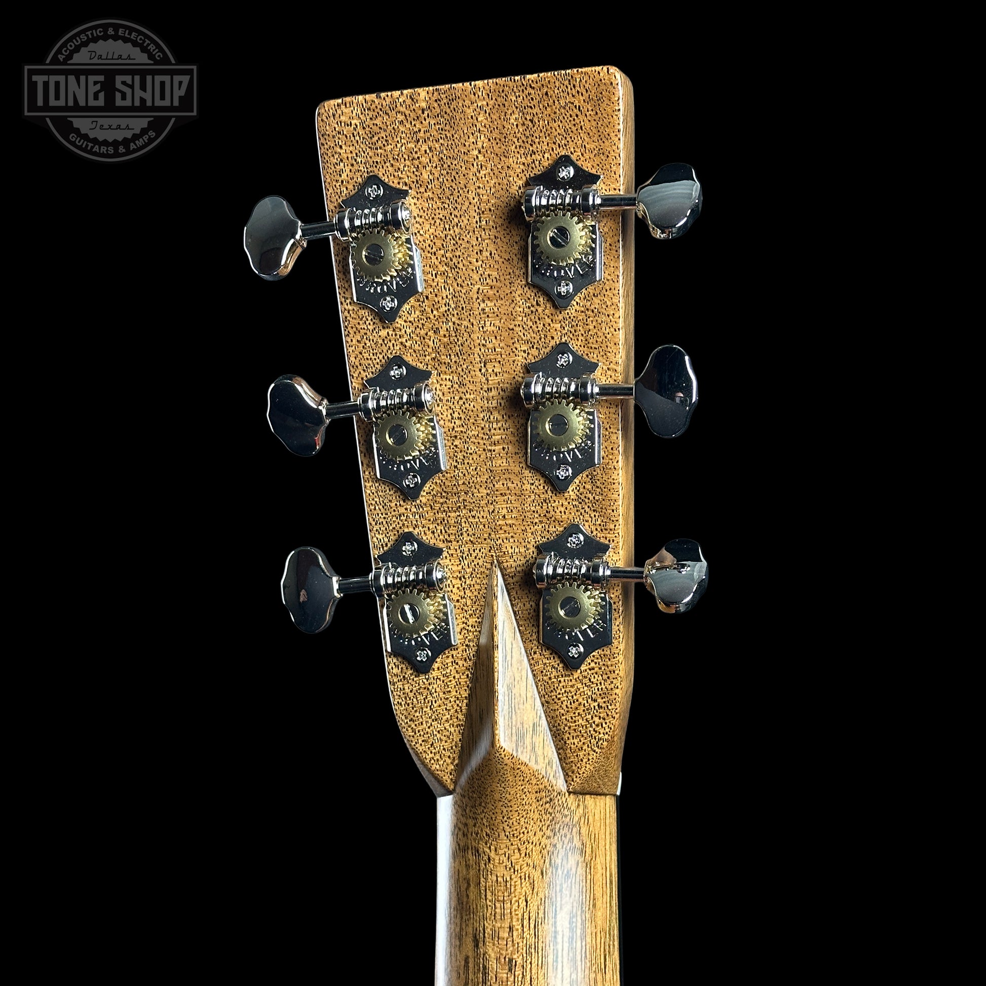 Back of headstock of Martin Custom Shop 000 14-Fret Quilted Maple.