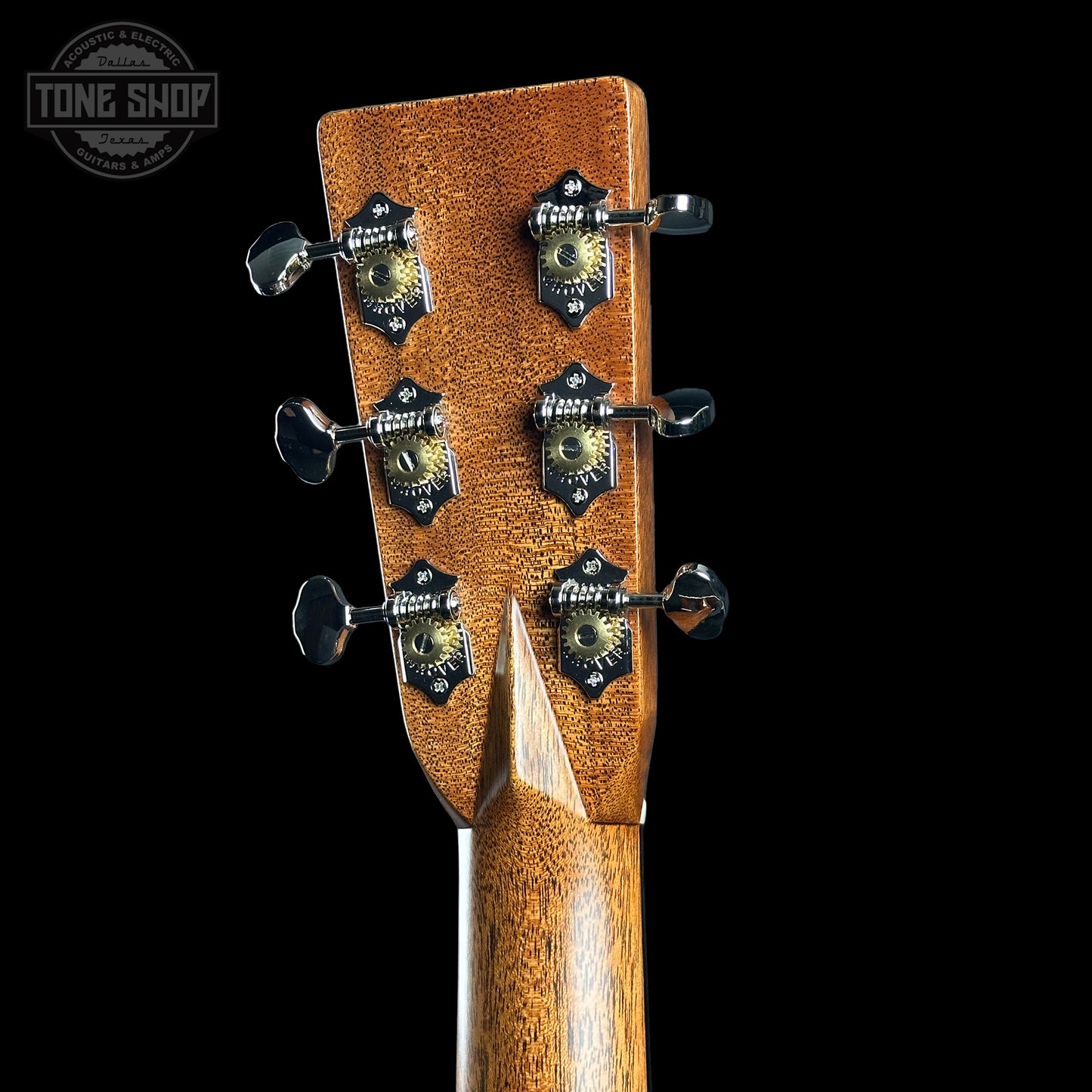 Back of headstock of Martin Custom Shop Dread 14-Fret Wild Grain East Indian Rosewood.