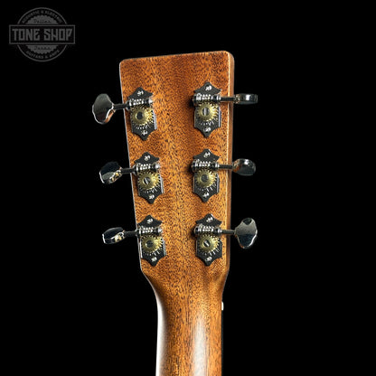 Back of headstock of Martin Custom Shop 000 14-Fret Jaguar Claw Mahogany Sunburst.