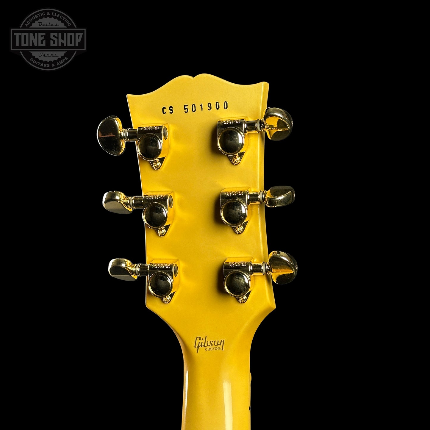 Back of headstock of Gibson Custom Les Paul Custom Chambered Heavy Antique White VOS.