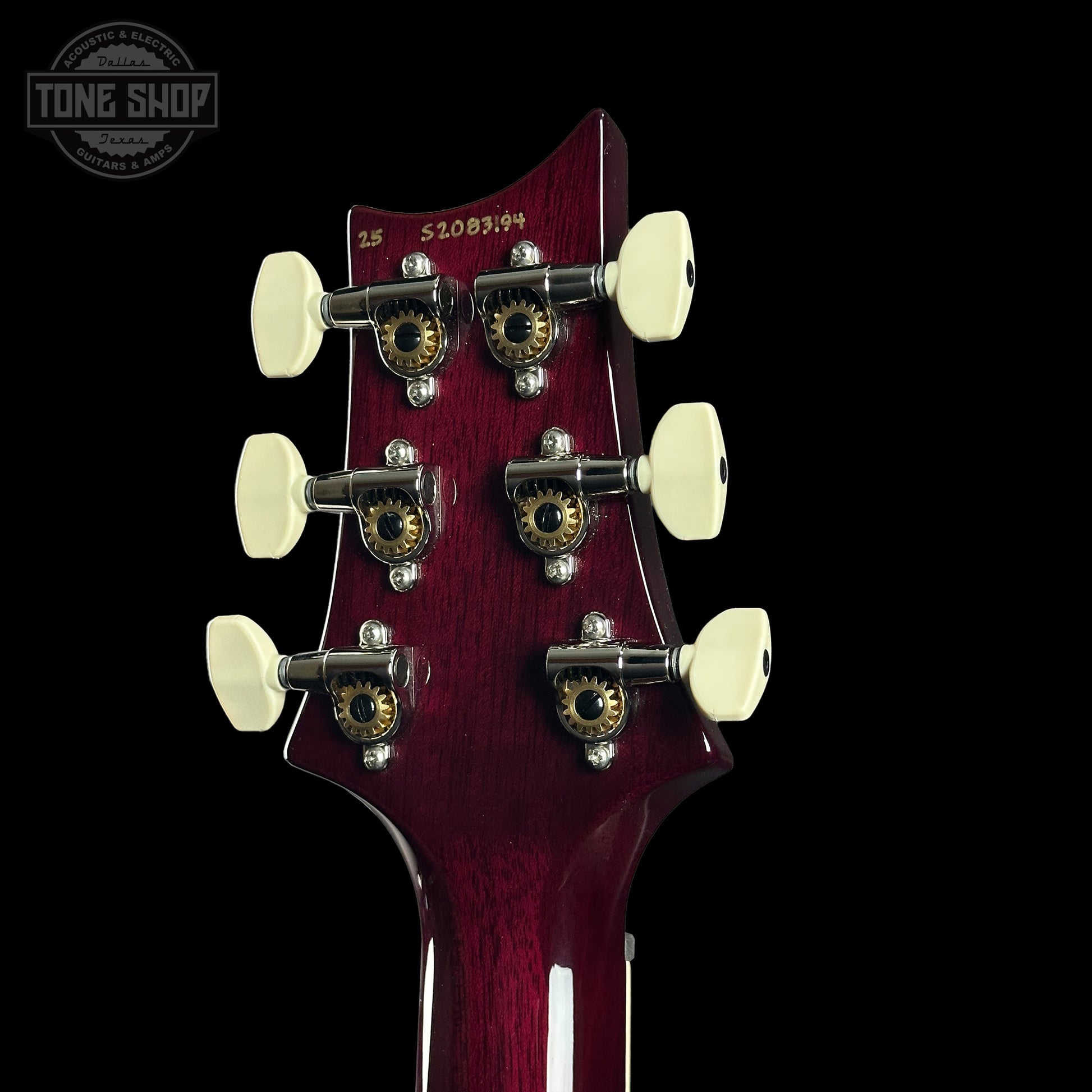 Back of headstock of PRS S2 Wood Library McCarty 594 Singlecut Quilt Purple.