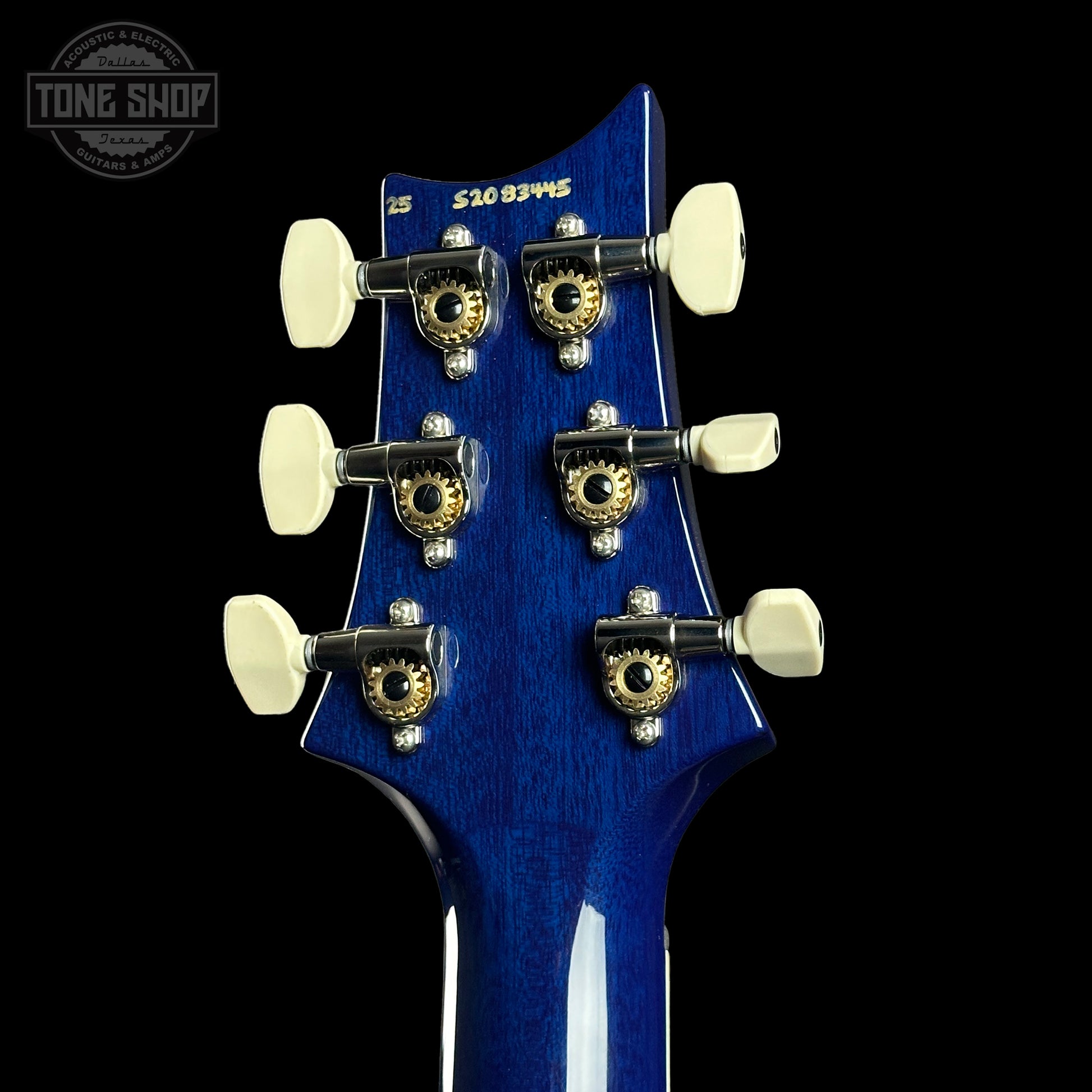 Back of headstock of PRS S2 Wood Library McCarty 594 Singlecut Quilt Makena Blue.