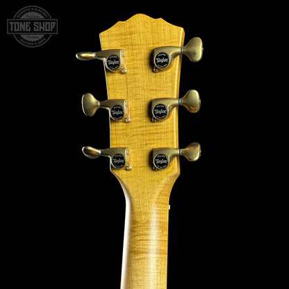 Guitar headstock with tuning pegs on a black background, featuring the Taylor logo.