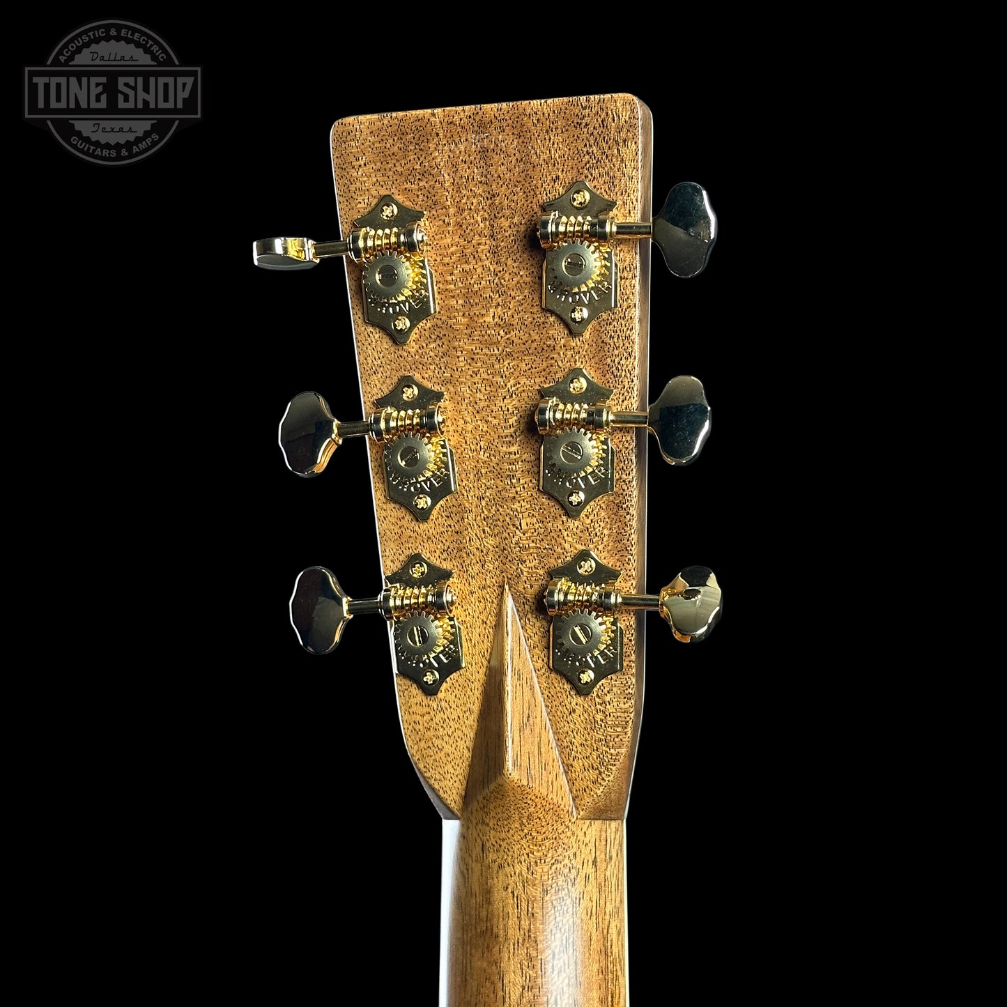 Back of headstock of Martin Custom Shop Dread 14-Fret Quilted Maple.
