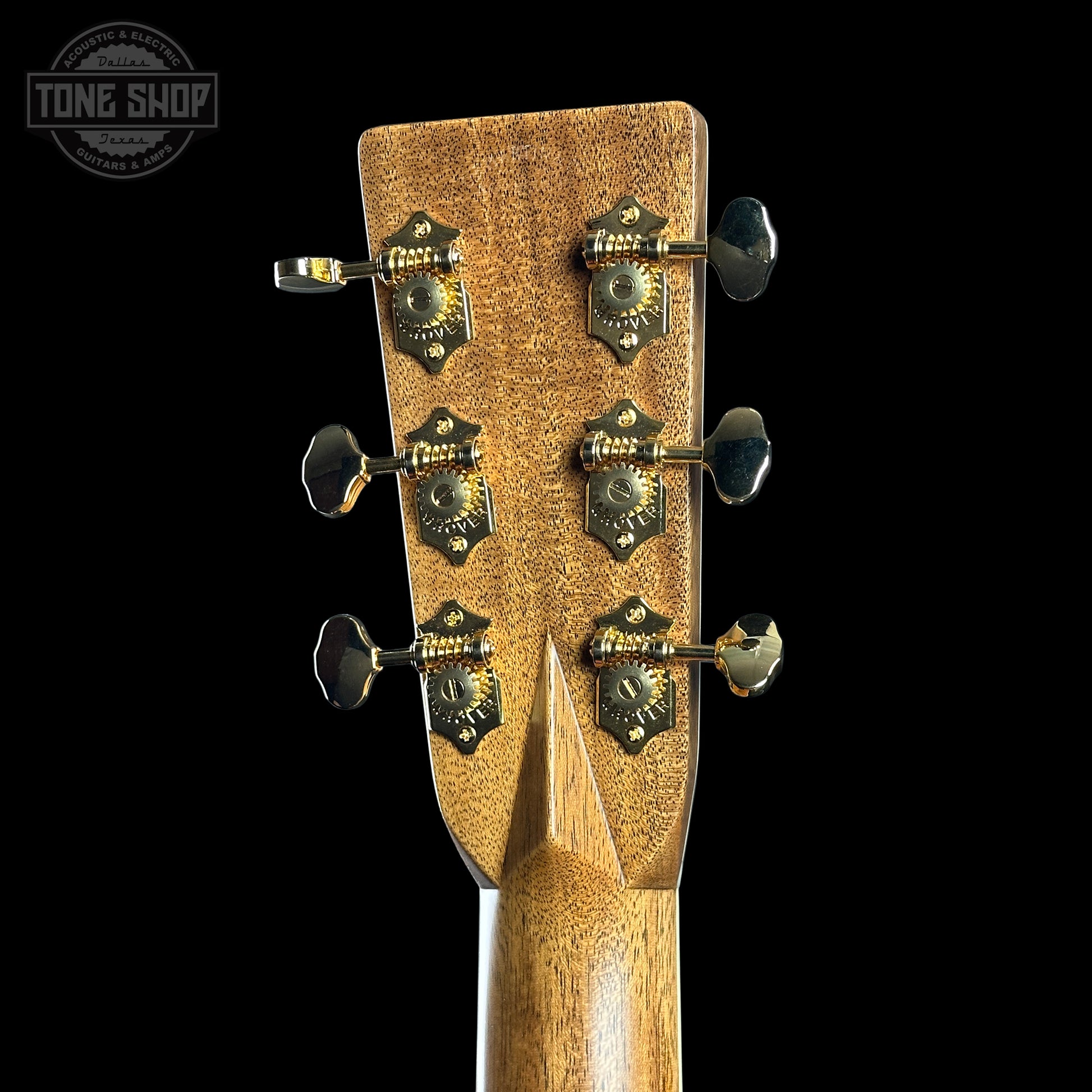 Back of headstock of Martin Custom Shop Dread 14-Fret Quilted Maple.