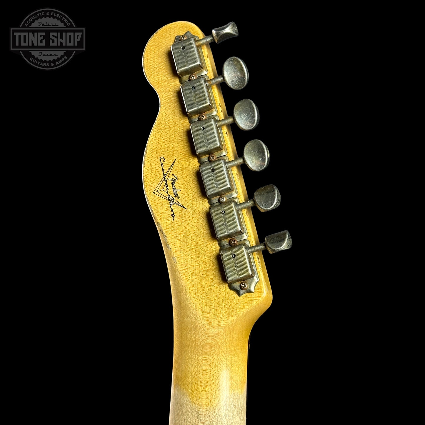 Back of headstock of Fender Custom Shop Time Machine '60 Tele Custom Heavy Relic Aged Black.