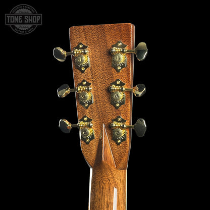 Back of headstock of Martin Custom Shop Dread 42 Style Adirondack/Sinker Mahogany.