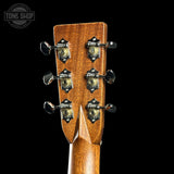 Back of headstock of Martin Custom Shop Slope Shoulder Dread 1935 Sunburst 28 Style Adirondack / Wild Grain East Indian Rosewood.