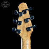 Back of headstock of Powers Electric A-Type Select Ghost Flame Signal Red PF42 CamTail.