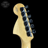 Back of headstock of Fender Custom Shop 1969 Stratocaster Journeyman Relic Silver Sparkle.