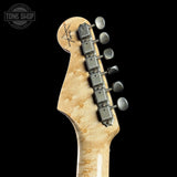 Back of headstock of Fender Custom Shop 1963 Stratocaster Journeyman Relic Ocean Turquoise AAA Maple Neck.