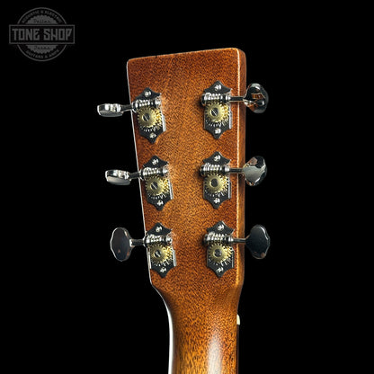 Back of headstock of Martin Custom Shop Slope Shoulder Dread VTS Spruce/Mahogany Toasted Burst.