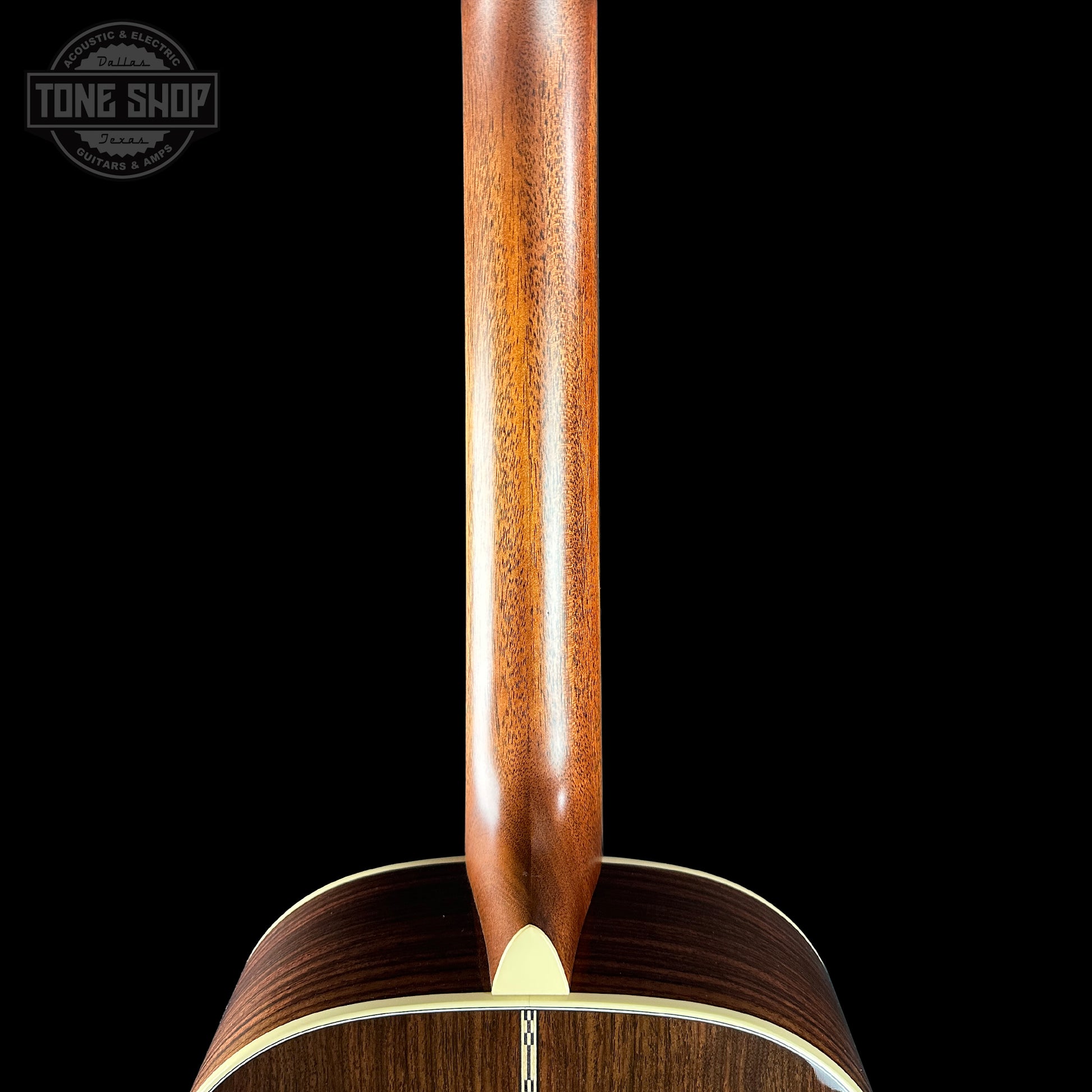Back of neck of Martin Custom Shop 00-12 Fret Wild Grain East Indian Rosewood.