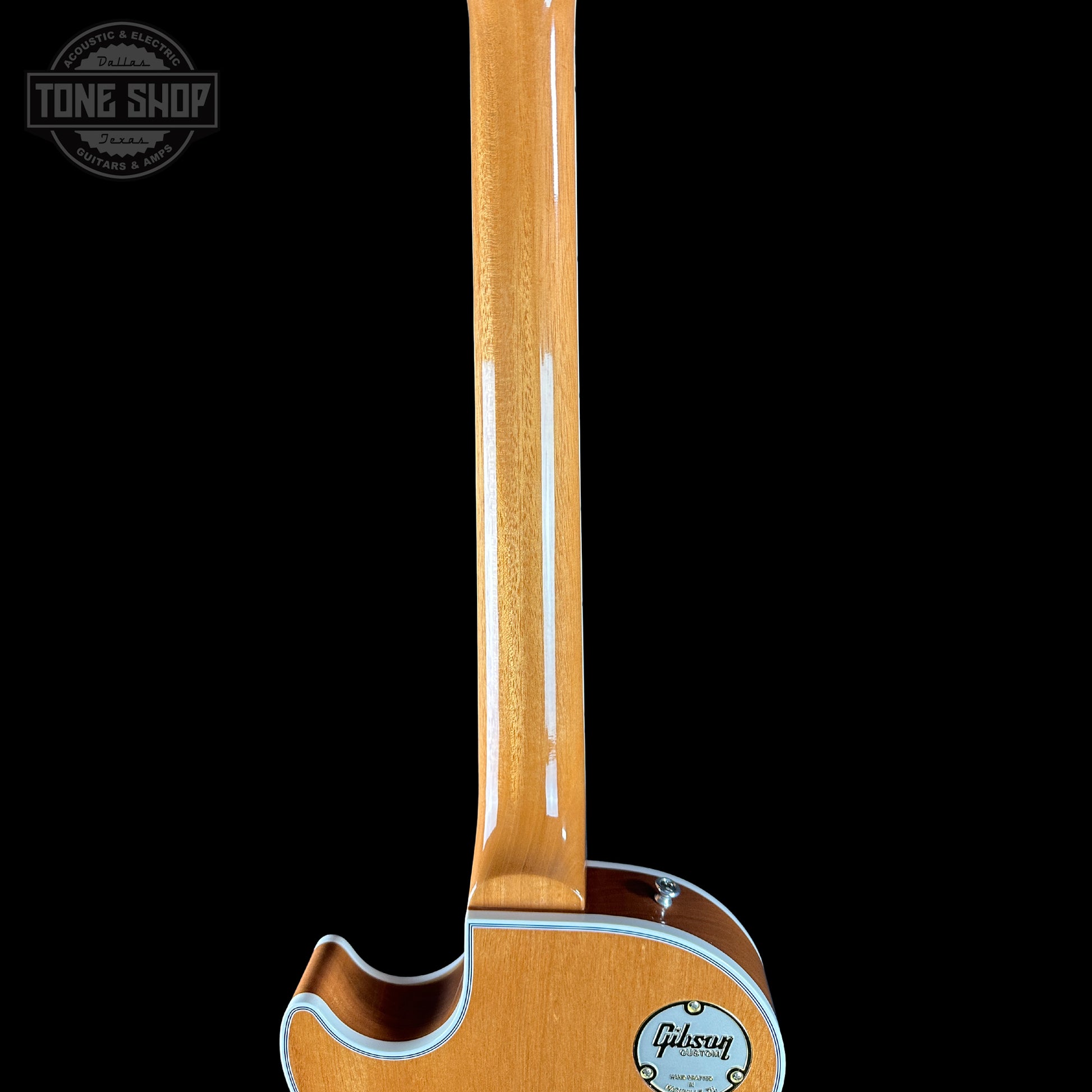 Back of neck of Gibson Custom Shop TSG Anniversary Les Paul Custom Chambered 7A Quilt Cobra.