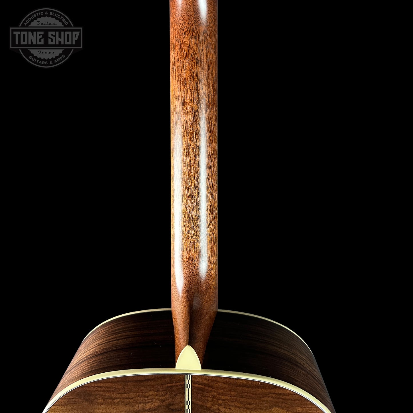 Back of neck of Martin Custom Shop Dread 12-Fret Wild Grain East Indian Rosewood.