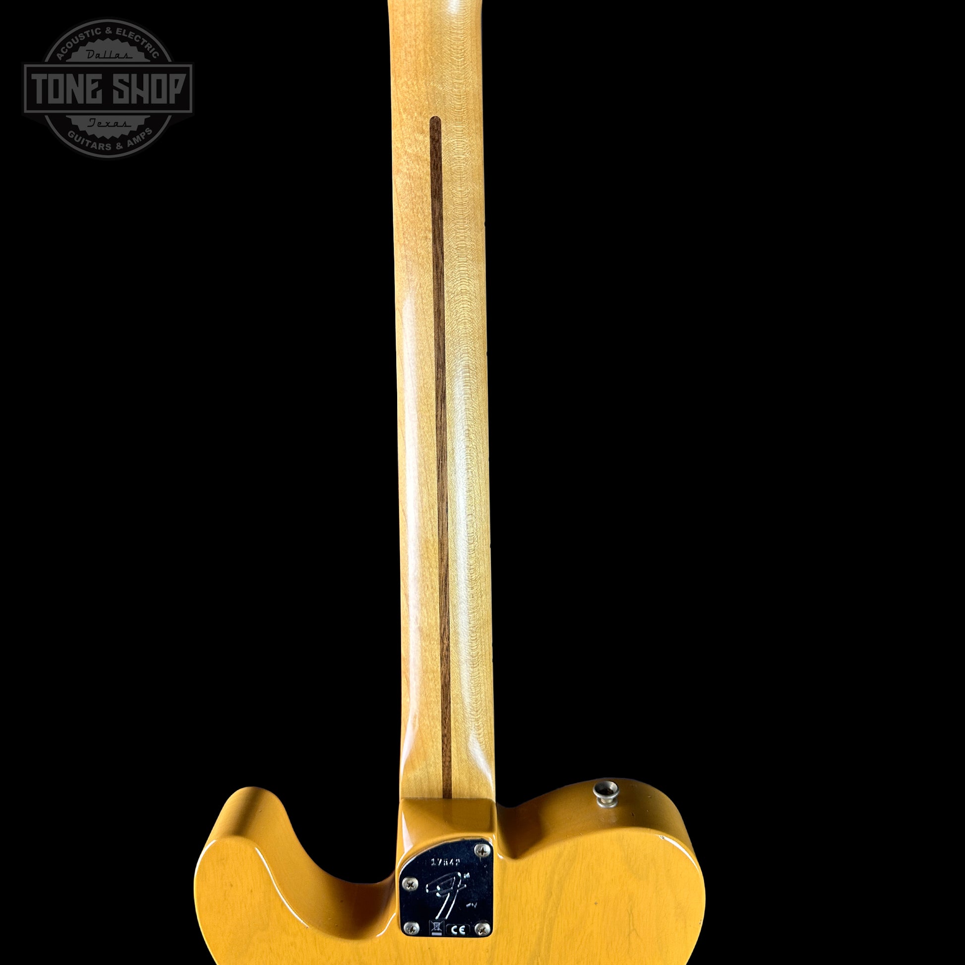 Back of neck of Fender Custom Shop Postmodern Tele MN Journeyman Relic Aged Butterscotch Blonde.