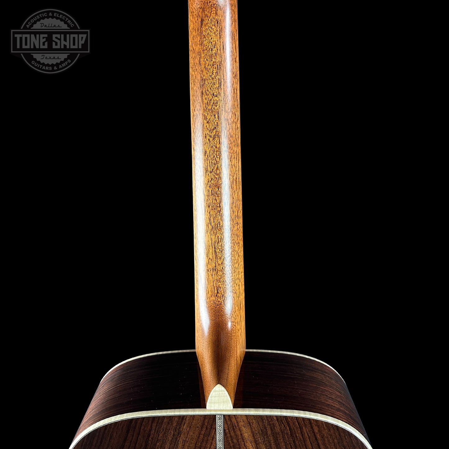Back of neck of Martin Custom Shop Dread 14-Fret Wild Grain East Indian Rosewood.