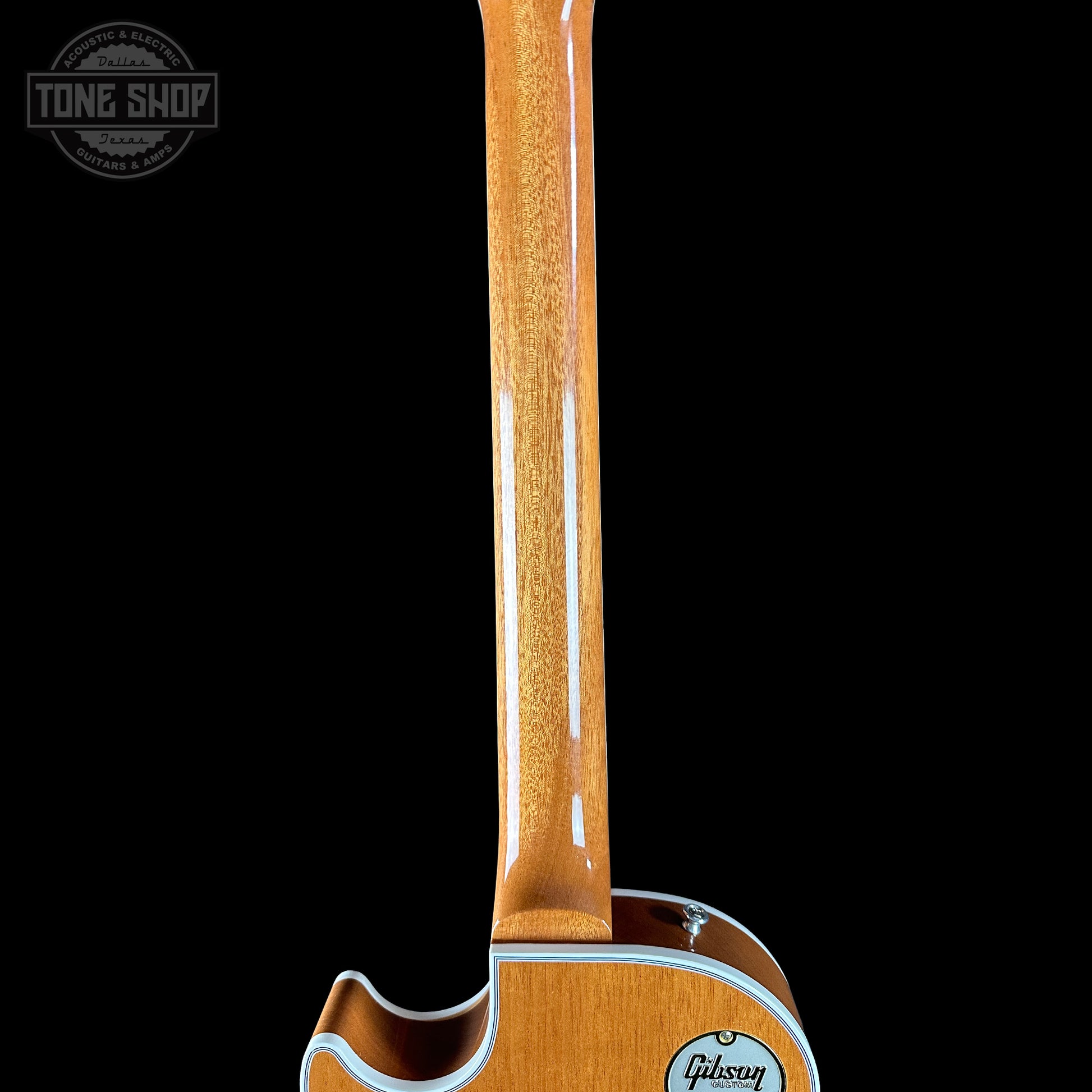 Back of neck of Gibson Custom Shop TSG Anniversary Les Paul Custom Chambered 7A Quilt Trans Green.