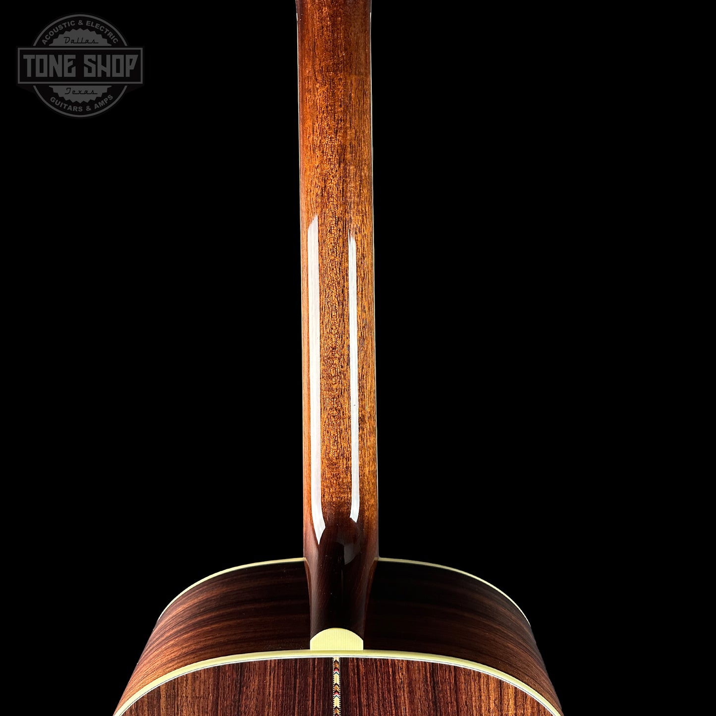 Back of neck of Collings CJ Adirondack Sunburst Tigerstripe Pickguard.