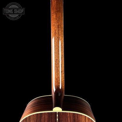 Back of neck of Collings CJ Adirondack Sunburst Tigerstripe Pickguard.