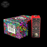 Guitar effects pedal with colorful packaging on a black background
